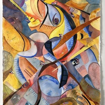 Rare Original Abstract Watercolor & Collage 40x32 Matted on Arches Paper France