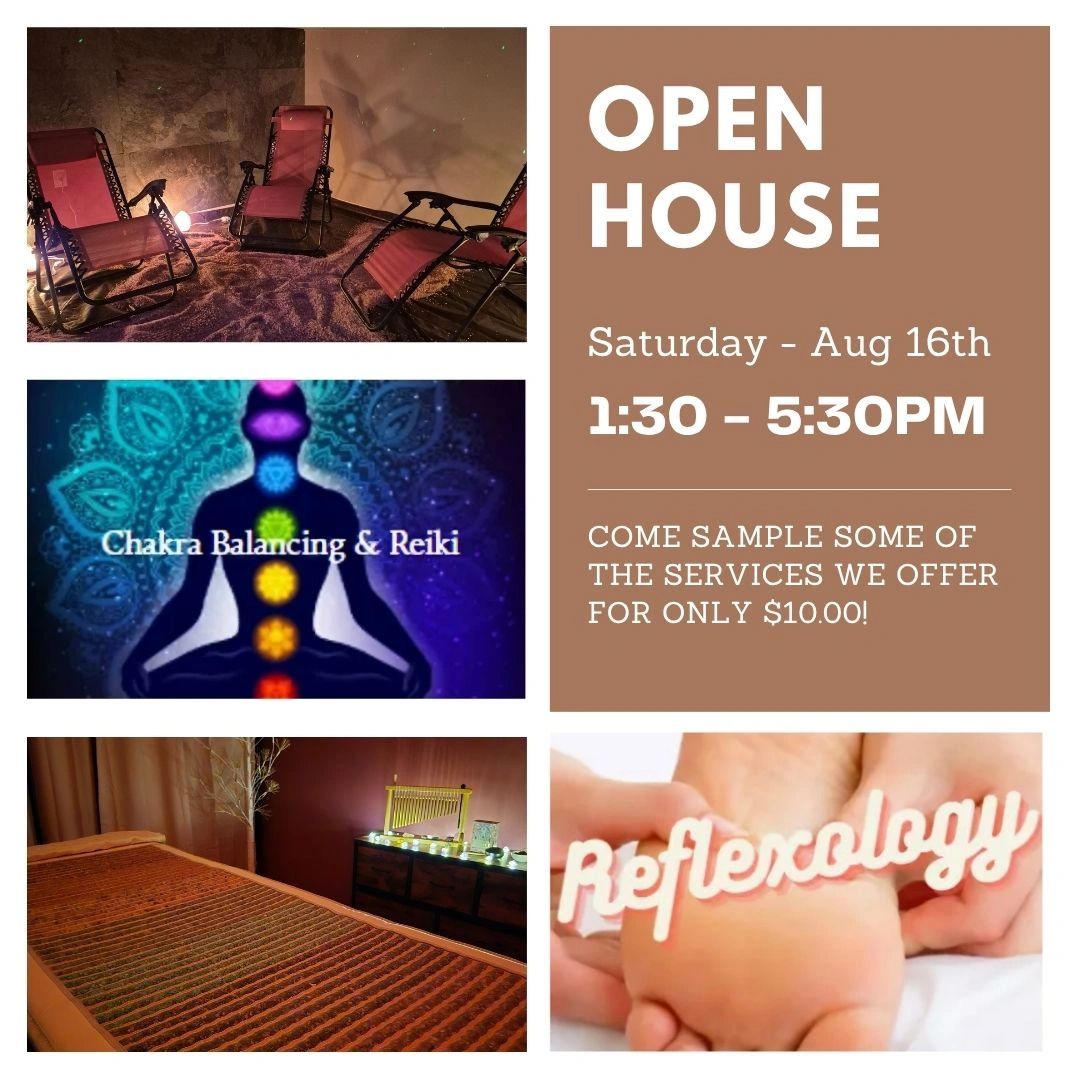 Open house event offering chakra balancing, Reiki, and reflexology services for $10 on August 16th.