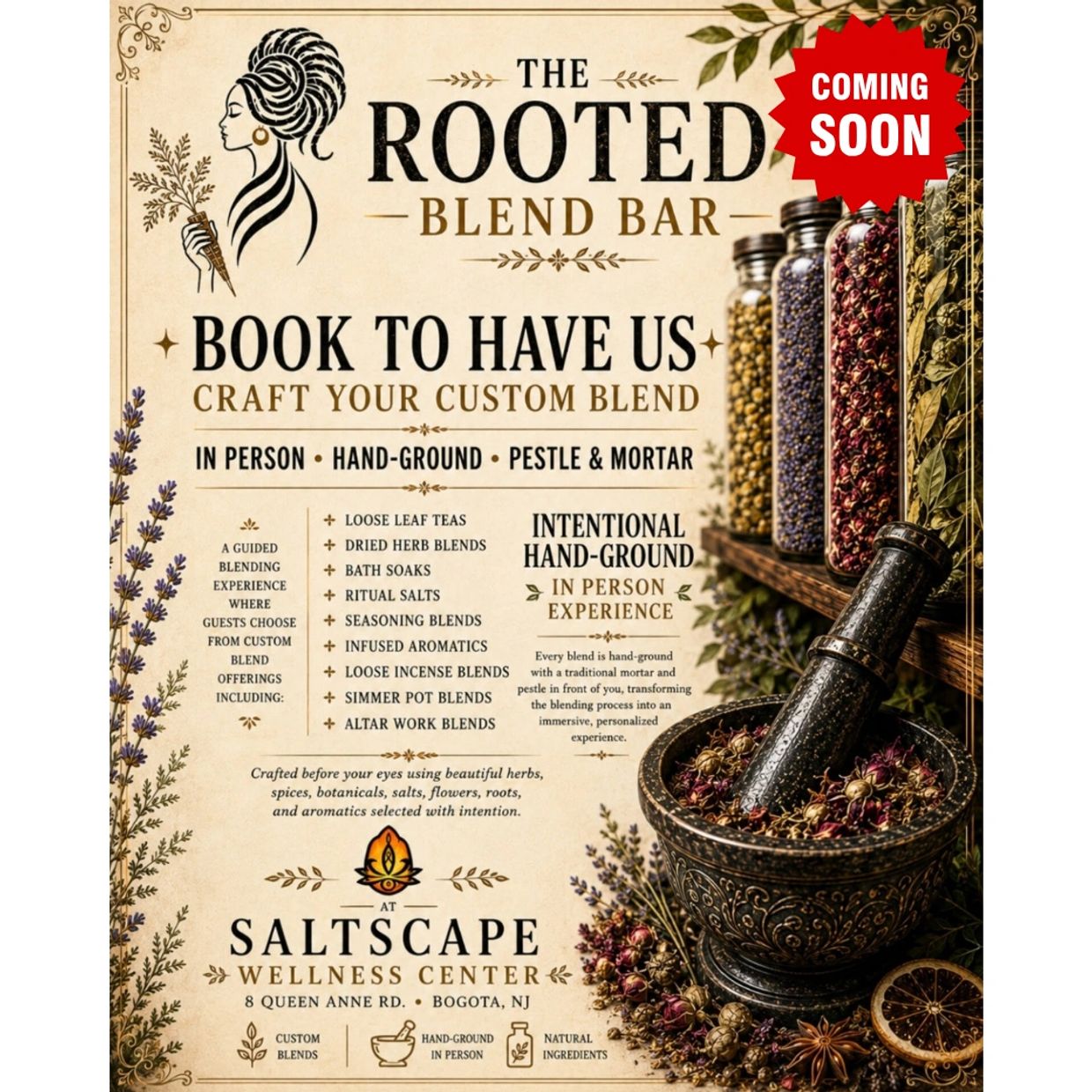 The Rooted Blend Bar offers custom hand-ground blends using herbs and botanicals at Saltscape Wellness Center.