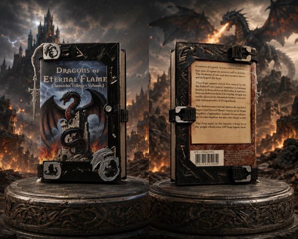Dragon-themed fantasy book titled "Dragons of Eternal Flame" with ornate cover and fiery background.