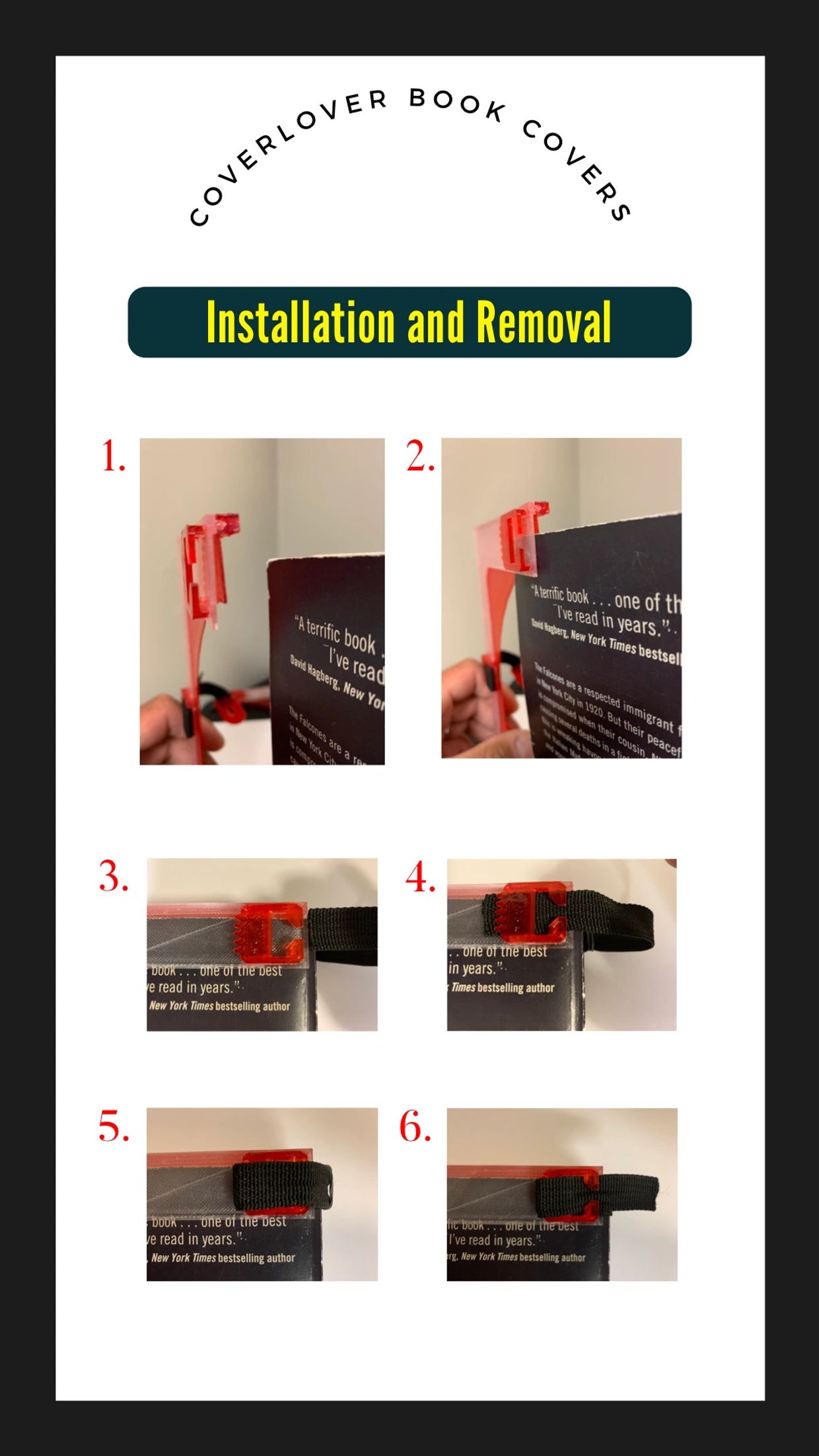 Step-by-step guide for installing and removing a Coverlover book cover.