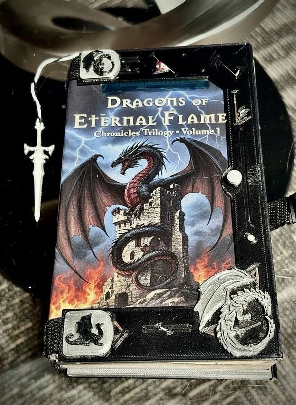 Fantasy book with dragon and castle cover, decorated with dragon-themed charms.