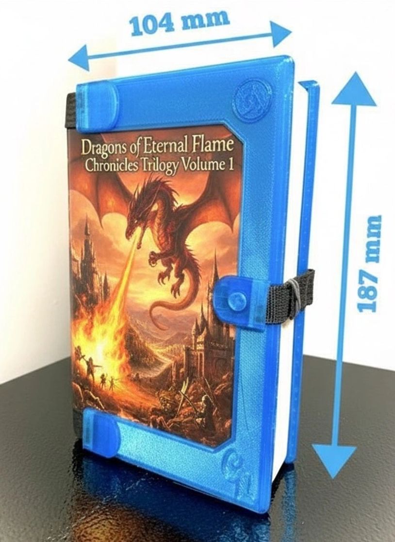 Book with dragon cover and size measurements.