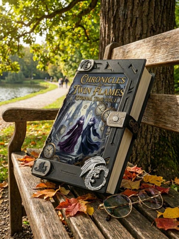 A fantasy book titled Chronicles of Twin Flames on a park bench.