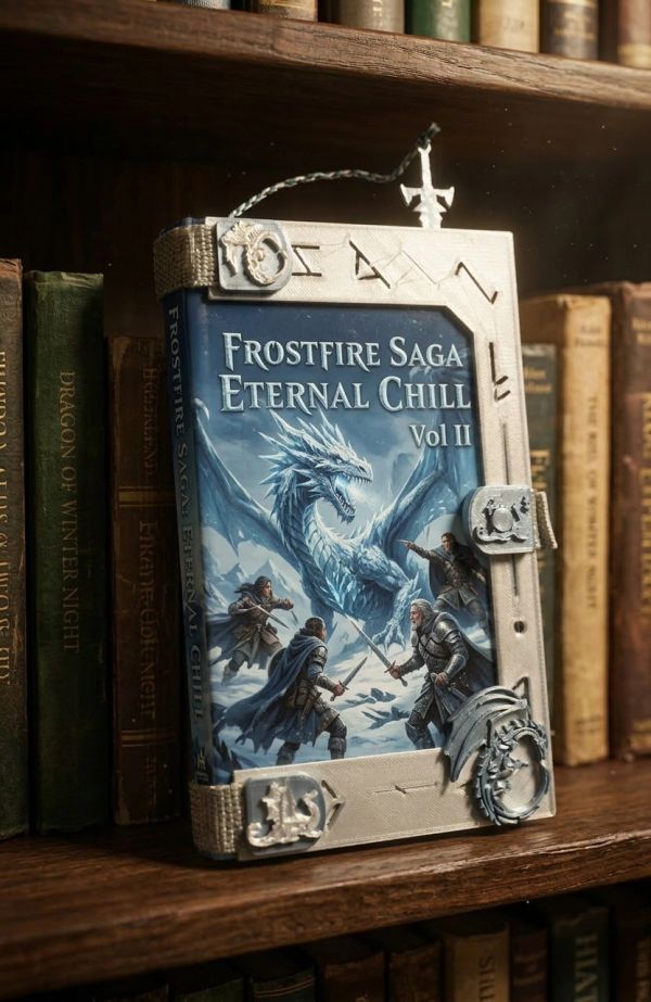 Book titled Frostfire Saga Eternal Chill Vol II with a dragon and warriors on cover.