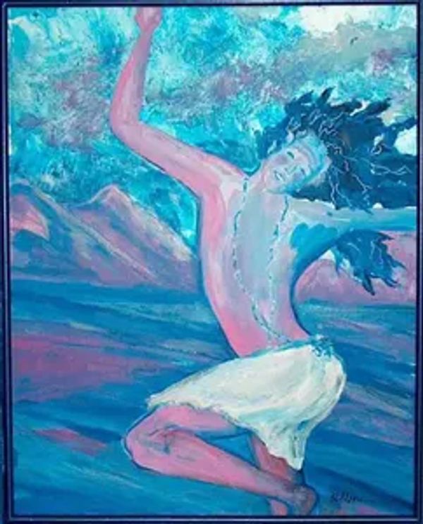 Abstract painting of a dancing figure with flowing hair and a white skirt.