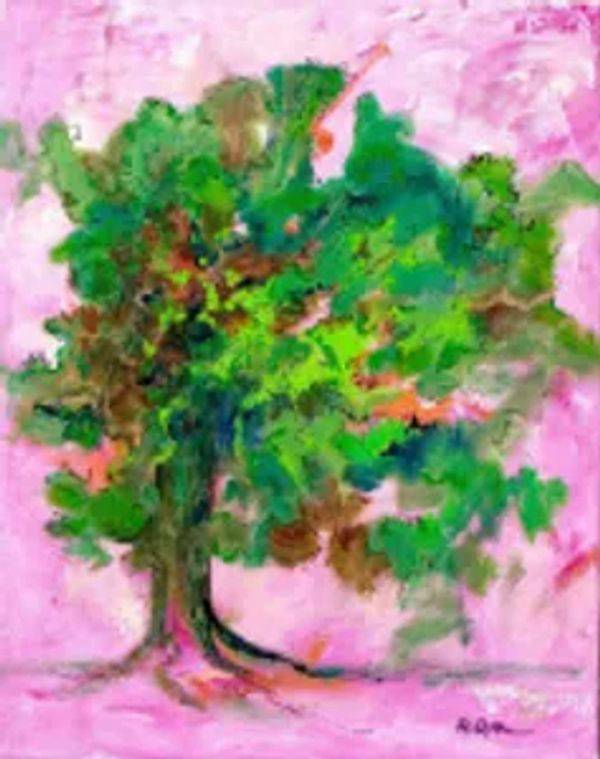 Abstract painting of a tree with vibrant green and brown leaves on a pink background.
