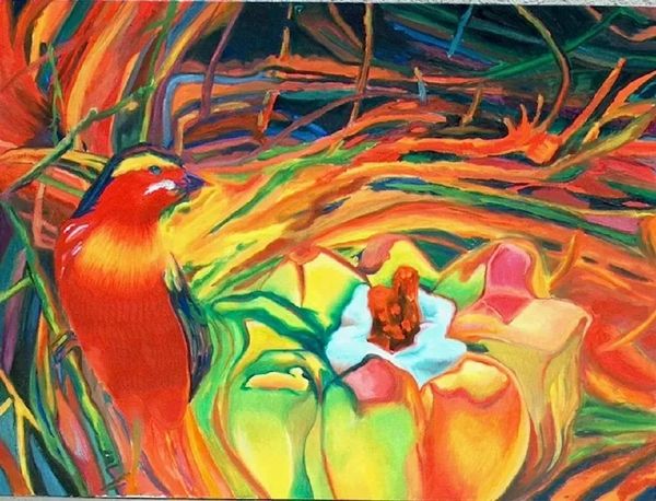 Vibrant painting of a colorful bird perched near a blooming flower amidst swirling branches.
