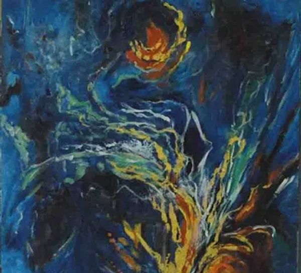 Abstract painting with swirling blue, yellow, and orange colors.