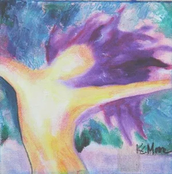 Abstract painting of a figure with purple wings and outstretched arms.