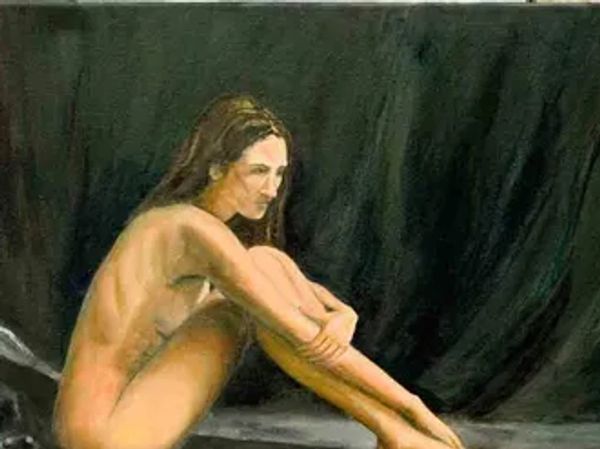 Painting of a nude woman sitting with knees drawn up against a dark background.