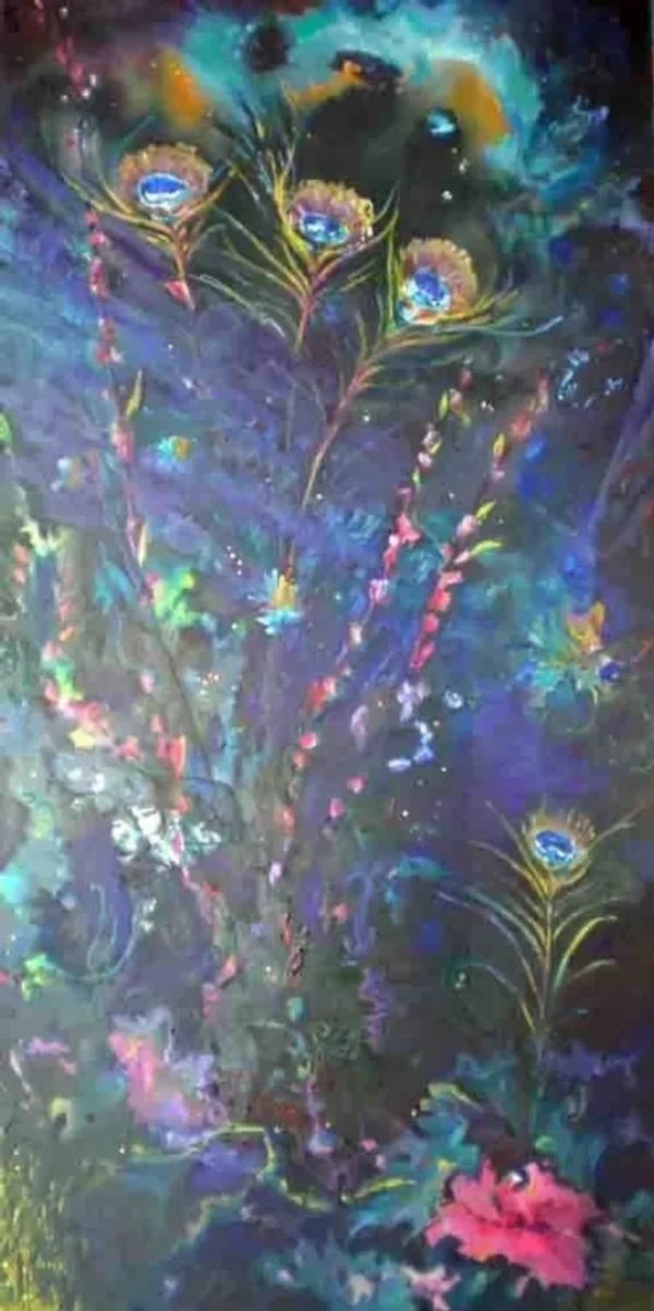 Abstract painting of colorful peacock feathers and floral elements on a dark background.