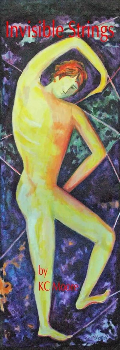 Abstract painting of a yellow figure dancing with red text 'Invisible Strings' and 'by KC Moore'.