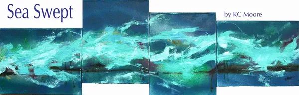 Abstract painting titled 'Sea Swept' with dynamic ocean waves in blue and green hues.
