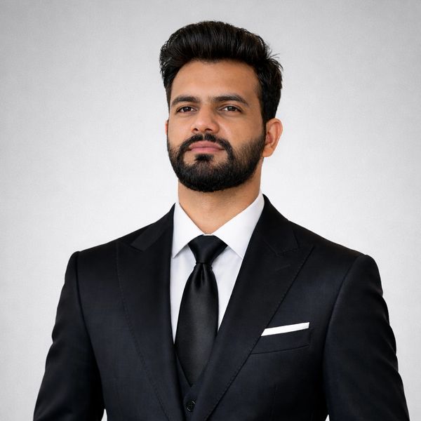 Confident man in a black suit and tie.