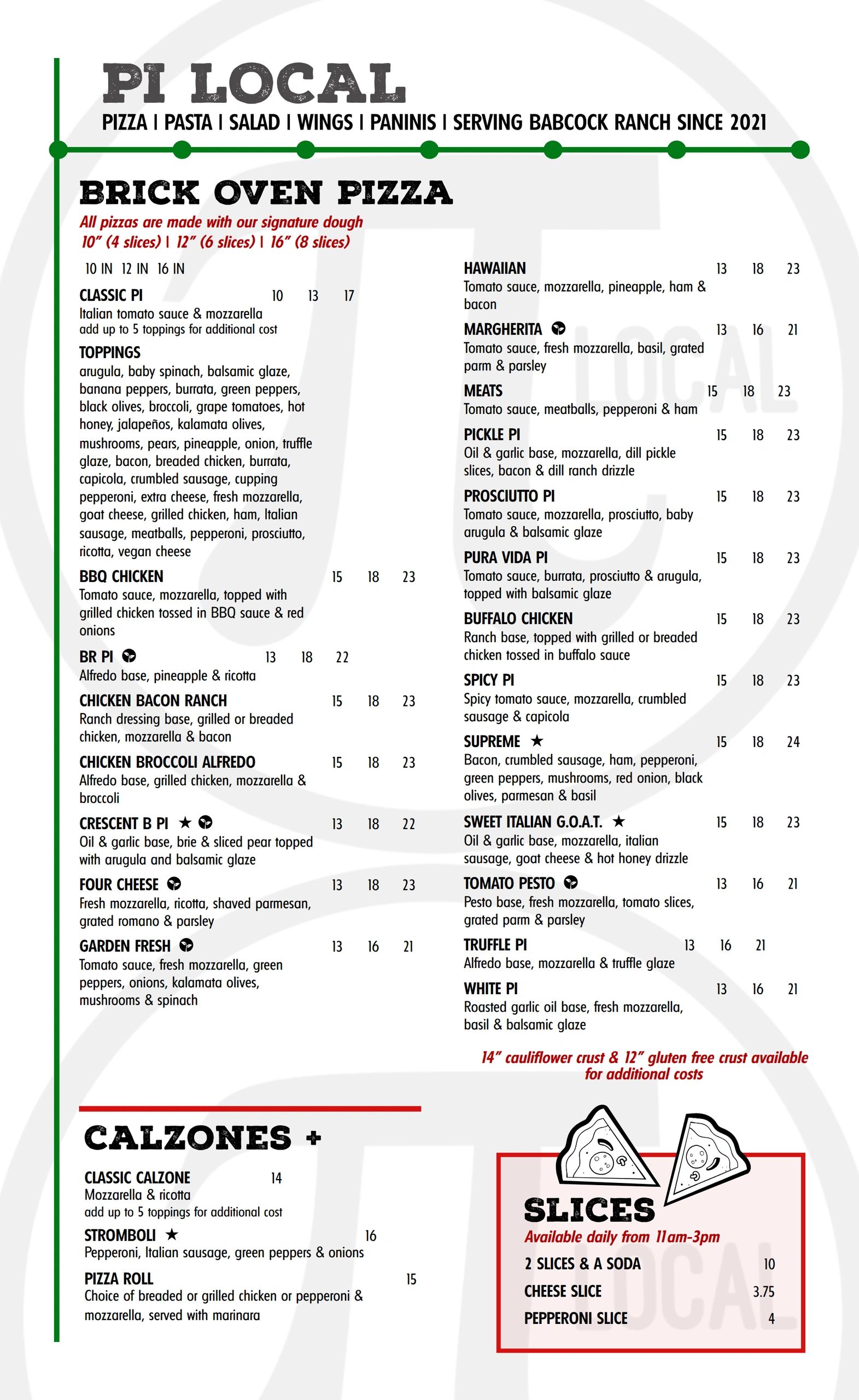Menu showcasing brick oven pizzas, calzones, and slices with various toppings and sizes.