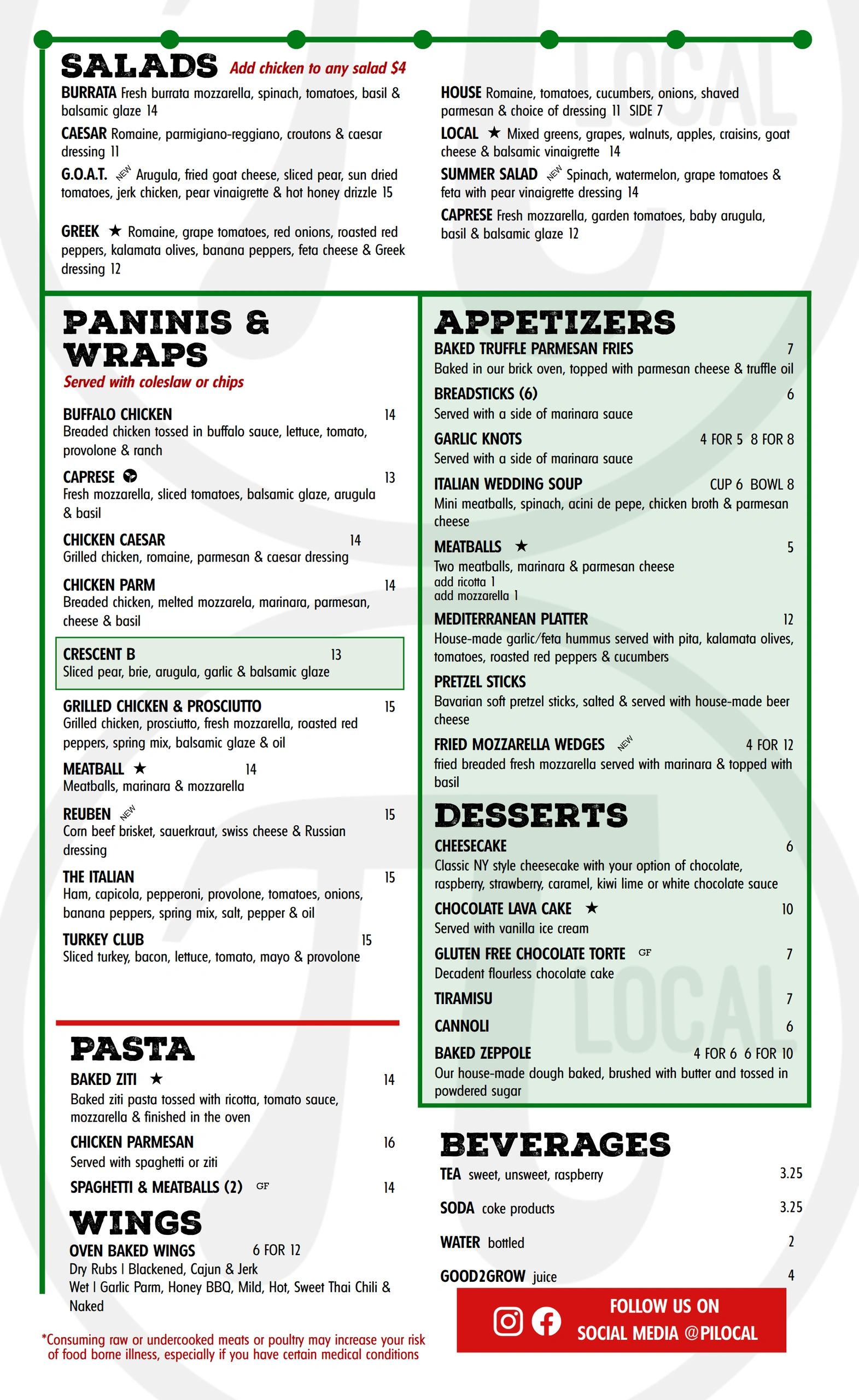 Menu section featuring salads, paninis, wraps, appetizers, desserts, pasta, wings, and beverages with detailed descriptions and prices.