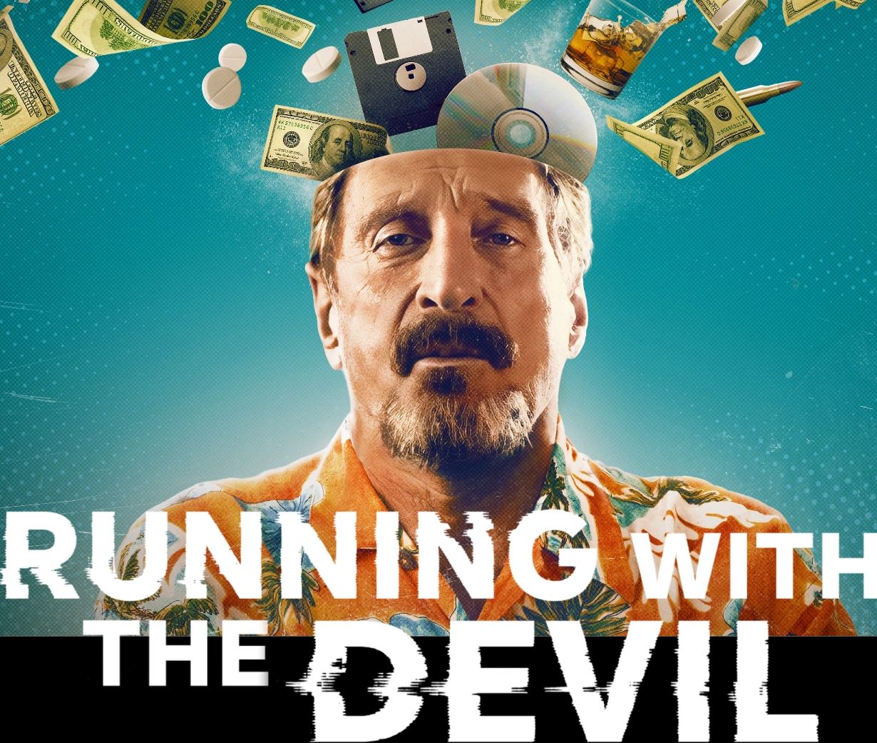 Man with dollar bills, pills, and media floating above his head.