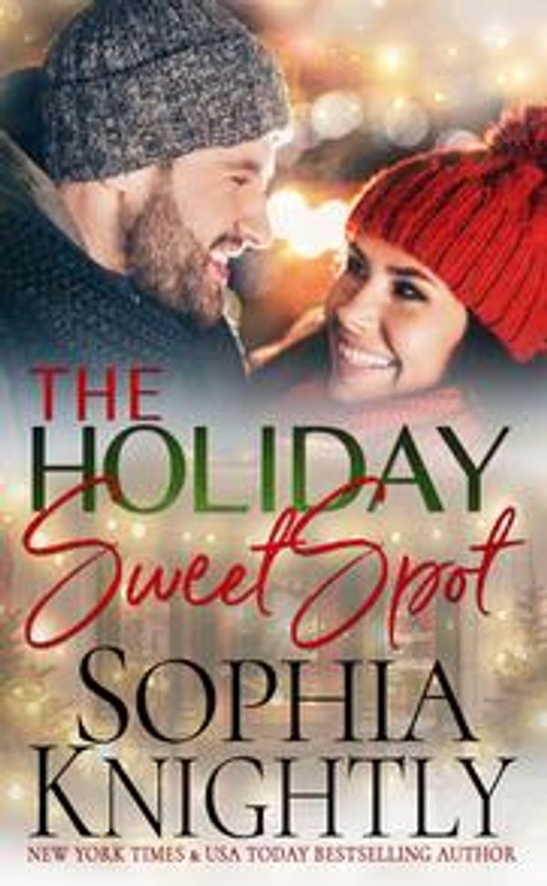 Romantic holiday book cover with a smiling couple in winter hats.