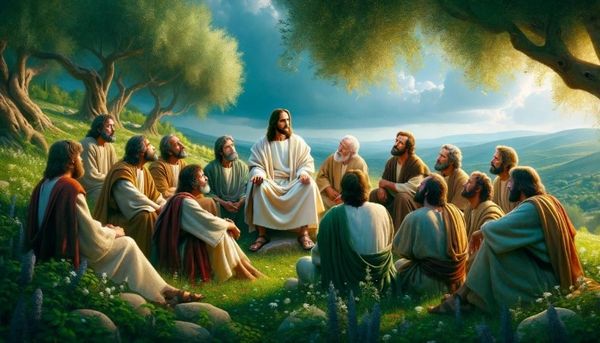 Jesus teaching his disciples outdoors in a serene landscape.