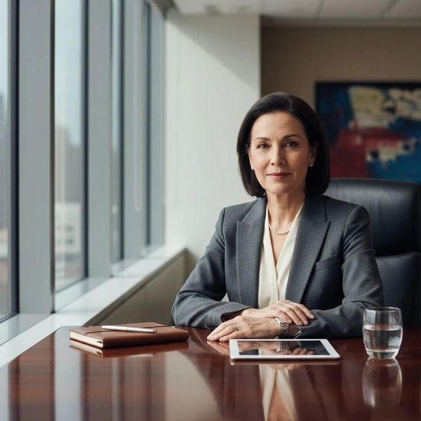 Confident businesswoman sitting at a desk in a modern office.