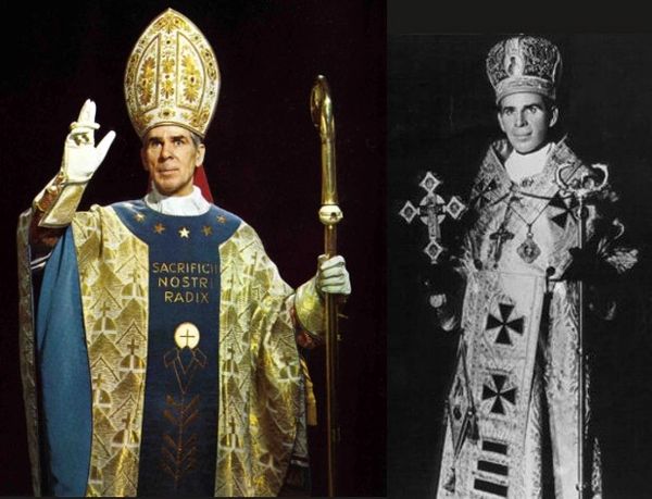 Two portraits of a pope in traditional papal attire, one in color and one in black and white.