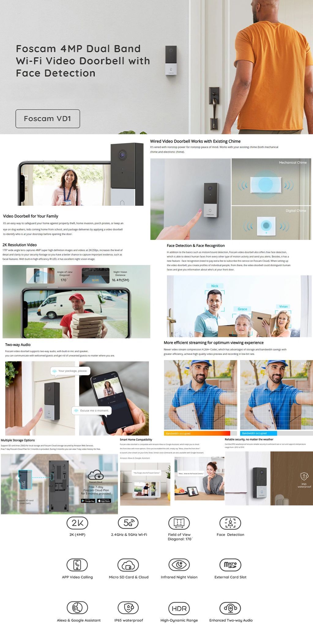 Foscam 4MP Wi-Fi video doorbell with face detection and two-way audio.
