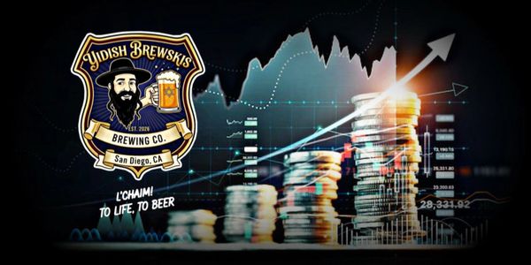 Yiddish Brewski's logo with rising coin stacks and growth graph symbolizing beer business success.
