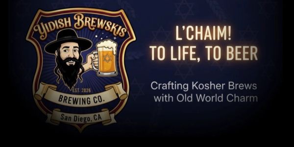 Logo for Yiddish Brewski's Brewing Co. with a toast to life and beer.