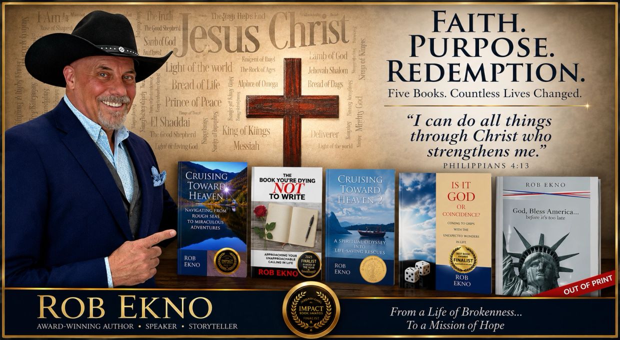 Author Rob Ekno poses with his five faith-based books under a cross and inspirational quote.