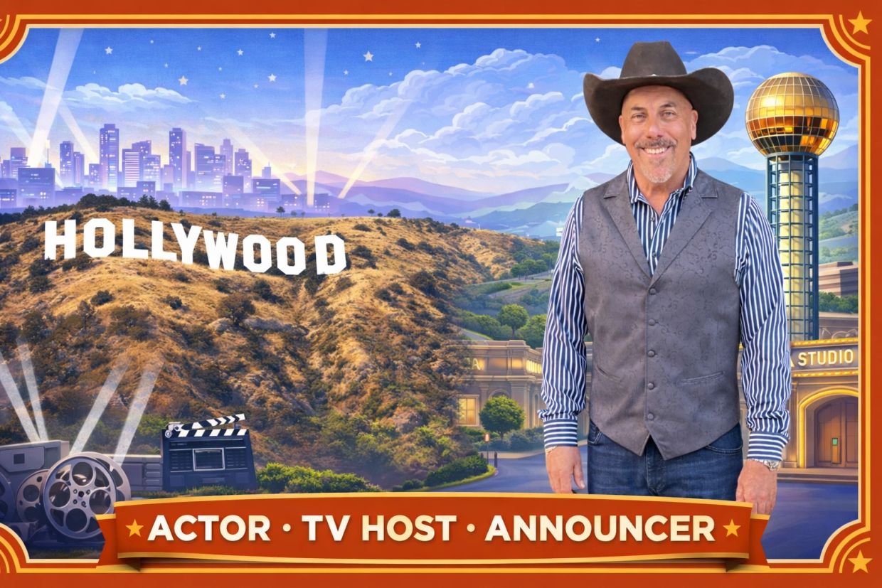 A smiling man in a cowboy hat stands before a Hollywood-themed backdrop.