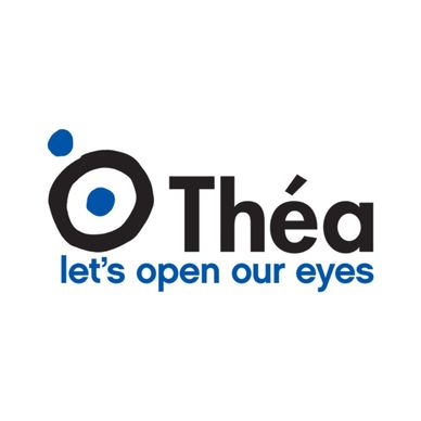 Théa logo with the tagline "let's open our eyes" in blue and black.