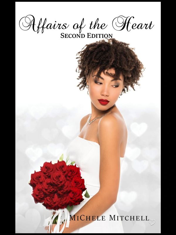 Elegant woman in white holding red roses on a romantic book cover.