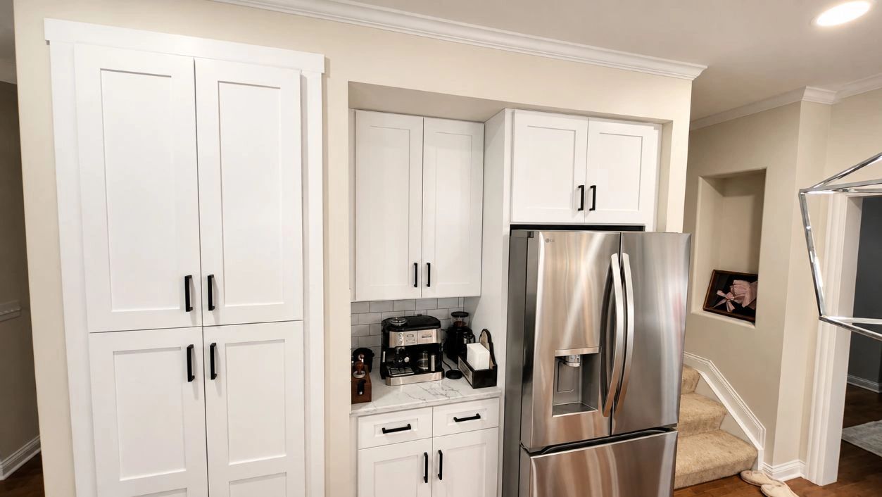 Modern kitchen corner with white cabinets and stainless steel refrigerator.