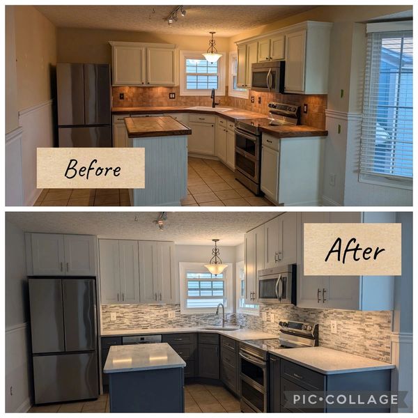Kitchen before and after renovation with modern updates.
