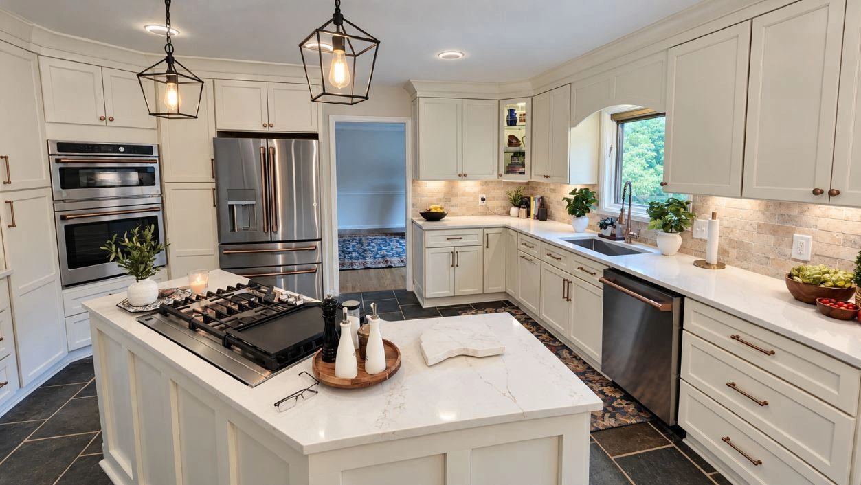 Modern kitchen with white cabinets and island.