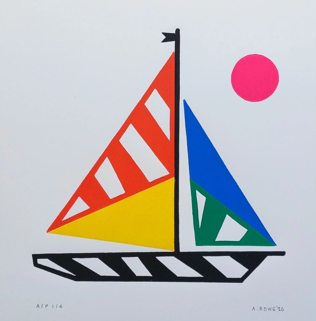 Colorful geometric sailboat with a pink sun in minimalist style.