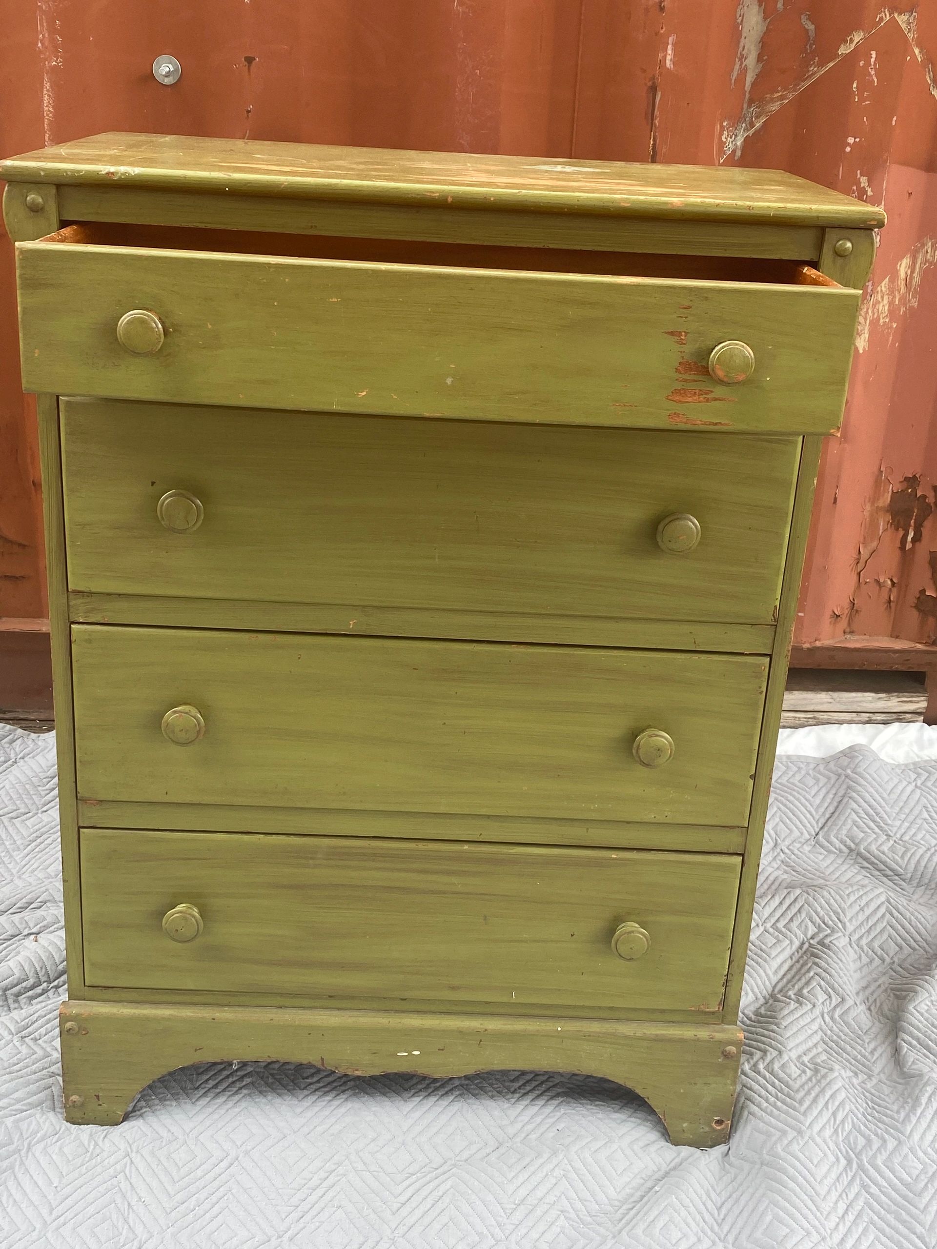 INV-002
4 drawer green chest. Peter Klerner Furniture Co. 32 in. Wide 18 in. Deep 42 in. High.  