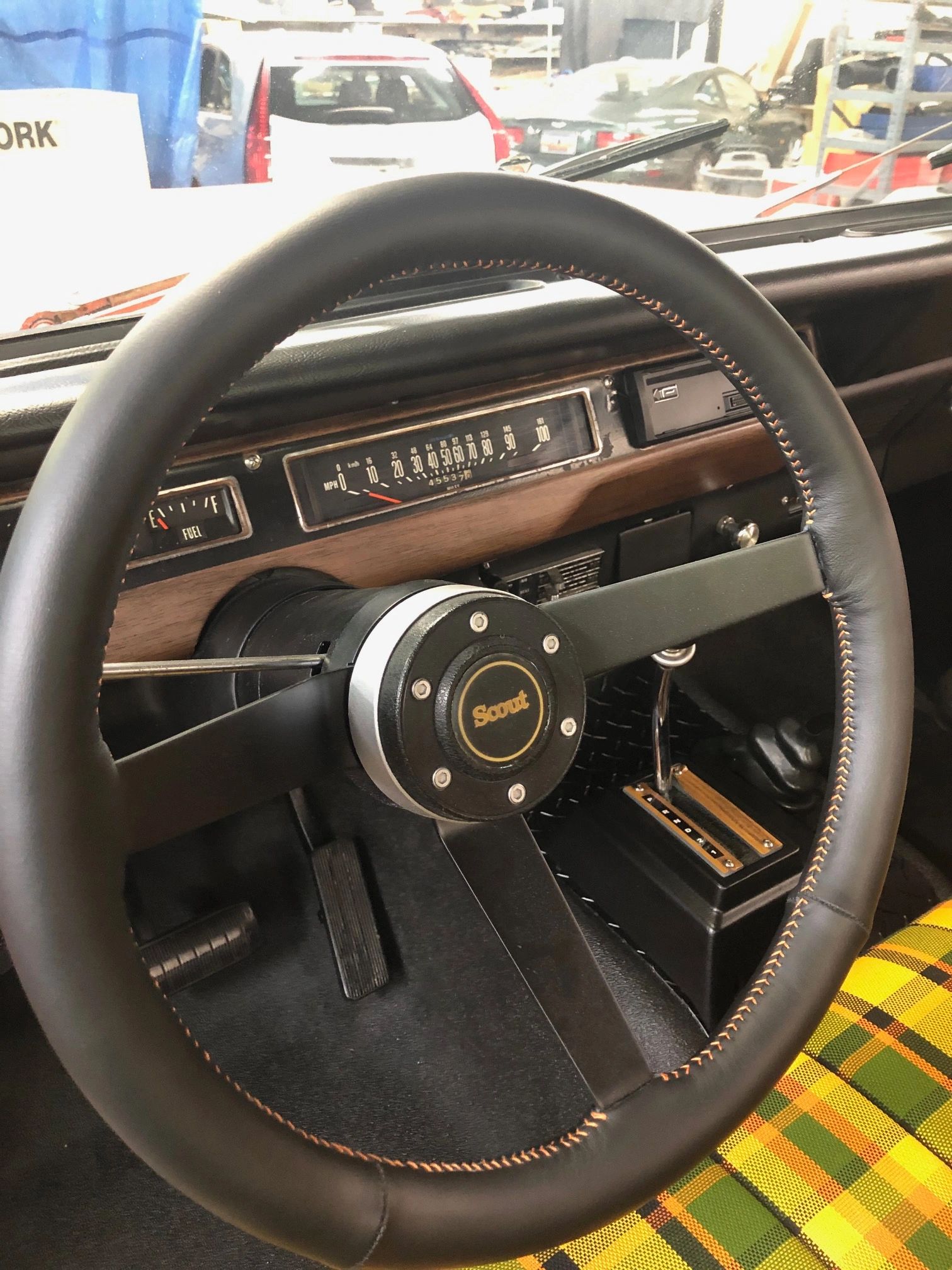 Steering Wheel in Black Leather with Orange Stitching in a beautiful International Scout
