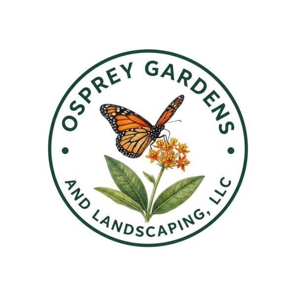 Logo of Osprey Gardens and Landscaping with butterfly and flower.