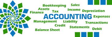 Accounting and finance-related terms in blue and green.