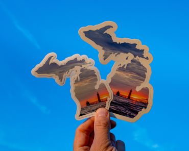 Grand Haven Lighthouse stickers shaped like Michigan