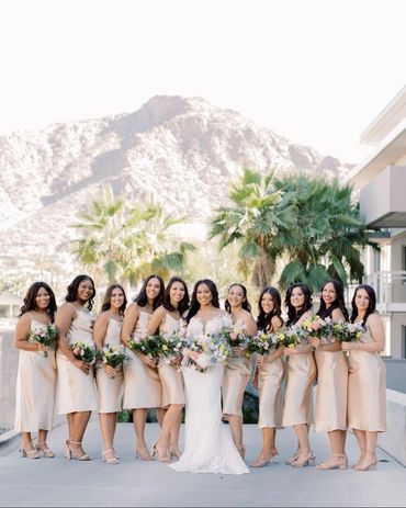 Bride and bridal party in professional hair and makeup. Bride wedding dress and bridesmaid dresses.