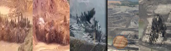 Series of images showing controlled explosions in a mining site.