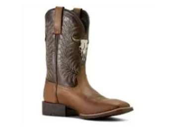 A single brown cowboy boot with decorative stitching and a low heel.