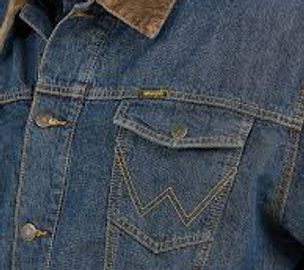 Close-up of a denim jacket with a brown corduroy collar.