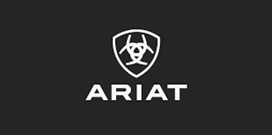 A white ARIAT logo with a shield and stylized symbol on black background.