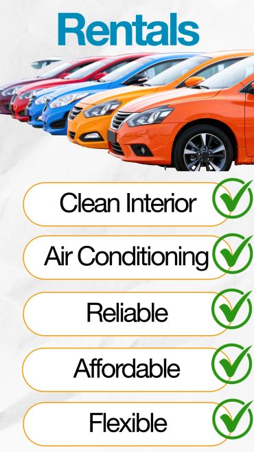 Colorful rental cars with key features listed