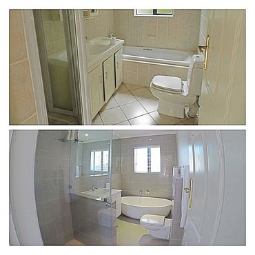 Before and after pics of one of our bathroom renovation projects.