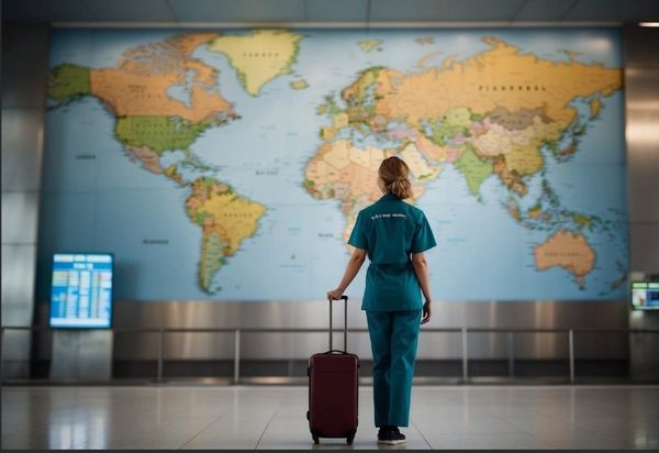 A healthcare worker stands with luggage, looking at a world map in an airport.